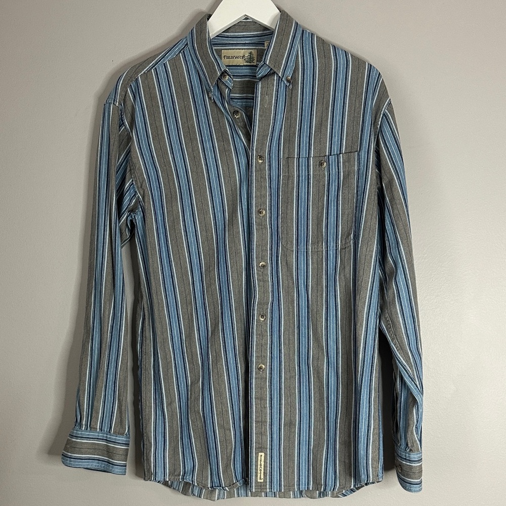 Fieldmaster Men's Long Sleeve 100% Cotton Striped Blue and Gray Shirt size S
